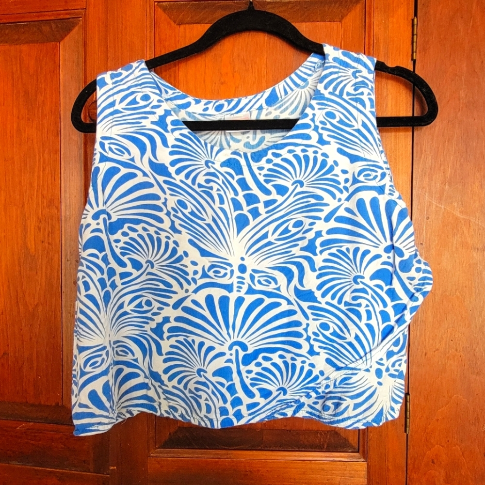 Blue + White Crop Top with Flowers and Butterflies - M/L - Made on Earth